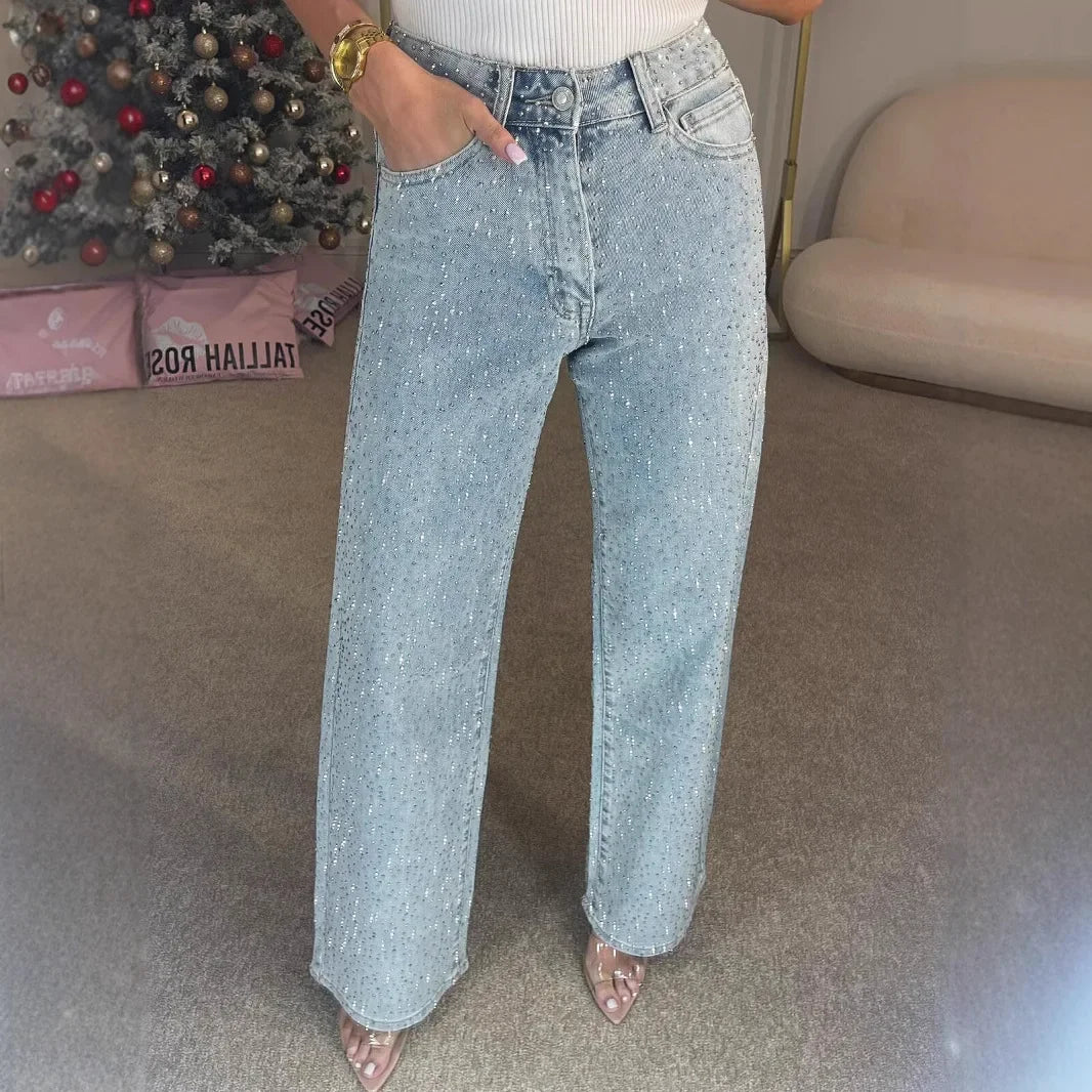 Women's full diamond washed denim jeans women's high-end high waisted straight leg pants spicy pants